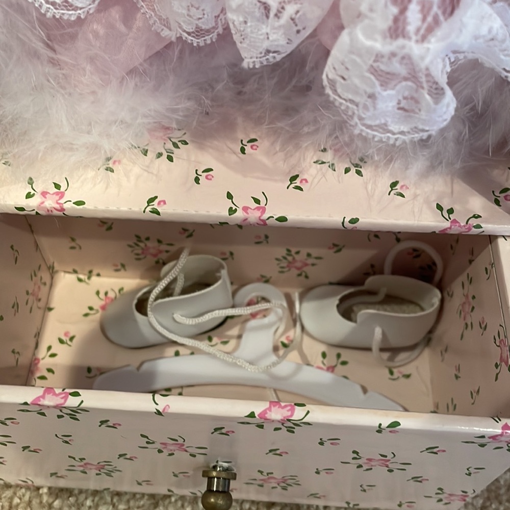 Porcelain doll in carrying crate. Additional dress, shoes and hanger. NWOT. - Picture 4 of 13